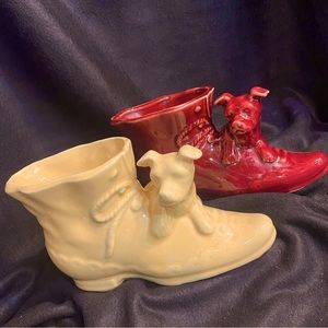 Vintage Shawnee Ceramic Glazed Pottery Shoe and Dog Planters Marked USA